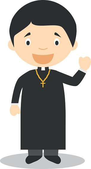 Smiling cartoon priest in black cassock with gold cross, waving hand.
