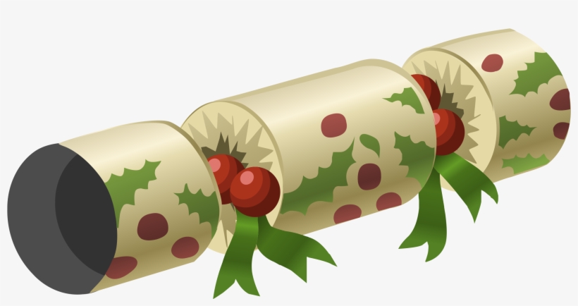 Festive Christmas cracker with holly and berries pattern, green ribbon, and open ends revealing red baubles.