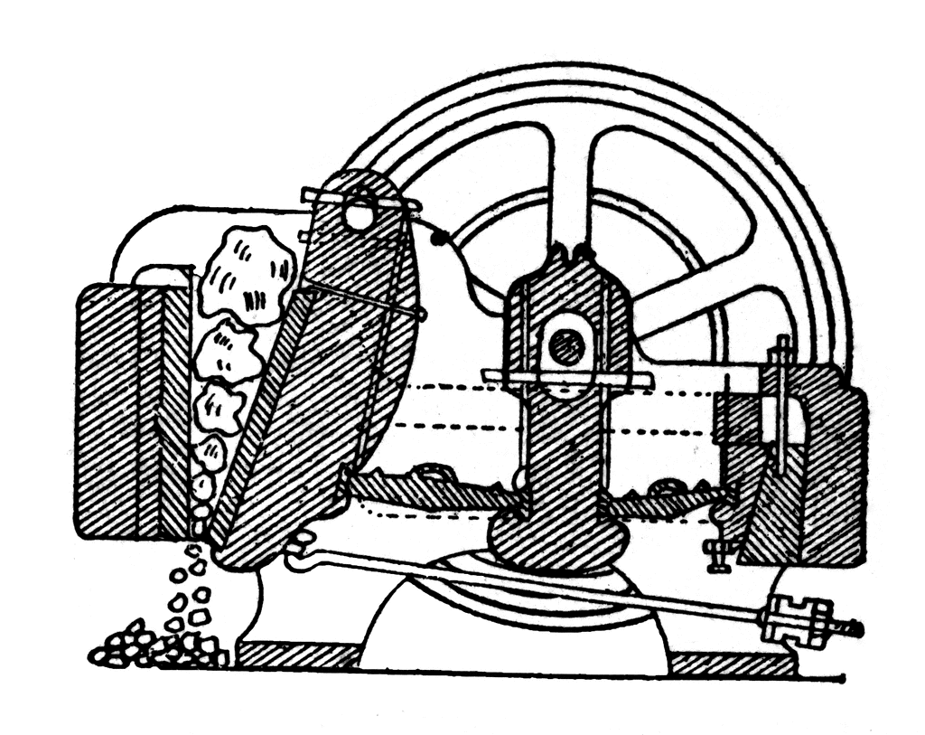 Vintage line drawing of a steam-powered rock crusher with flywheel, hopper, and output chute.