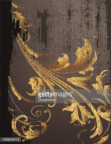 Elegant gold ornamental flourish on distressed dark wood background, vintage baroque style decorative element.
