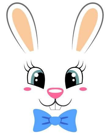Cute cartoon Easter bunny with big blue eyes, pink nose, and a blue bowtie.