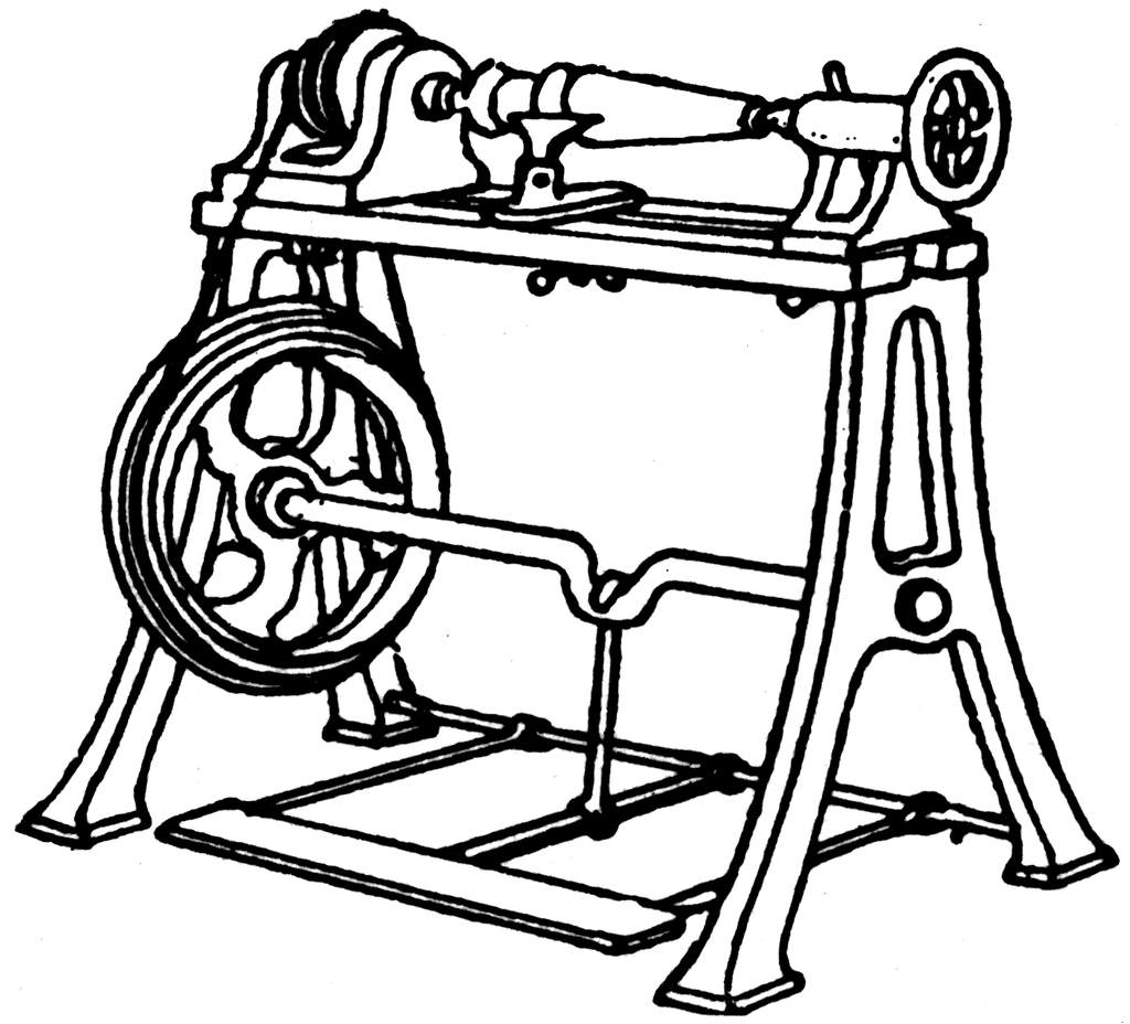Vintage treadle sewing machine with large flywheel, cast iron frame, and hand-crank mechanism.