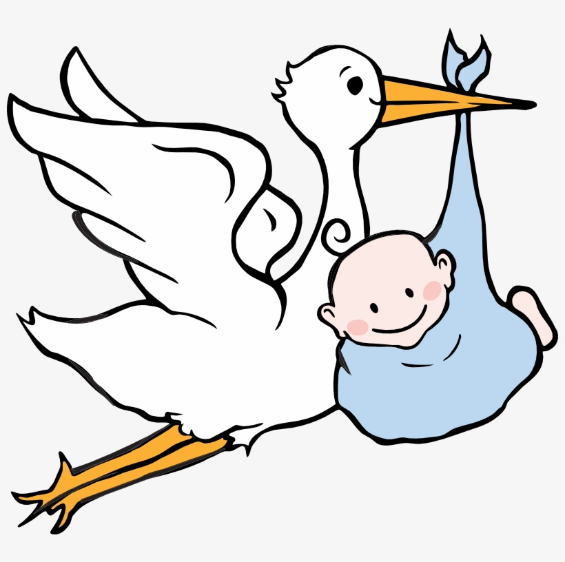 A cartoon stork flying while carrying a smiling baby wrapped in a blue blanket.