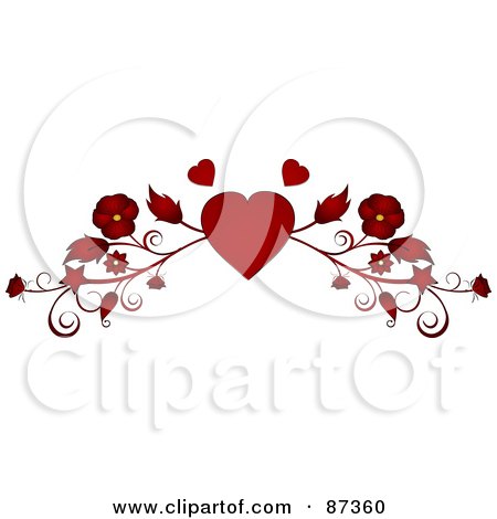 Red heart flanked by floral vines and smaller hearts, romantic vector illustration.