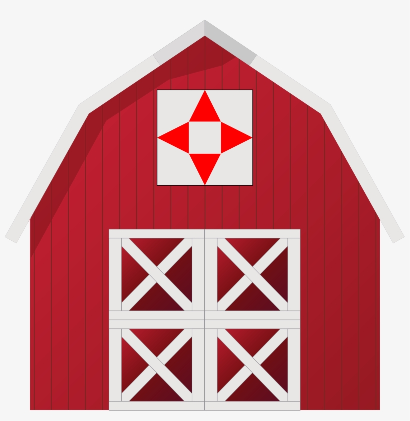 Red barn with white trim, X-pattern double doors, and a red-and-white star quilt block on the gable.