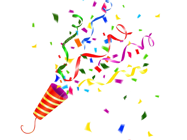 Colorful confetti and streamers burst from a striped party popper against black background.