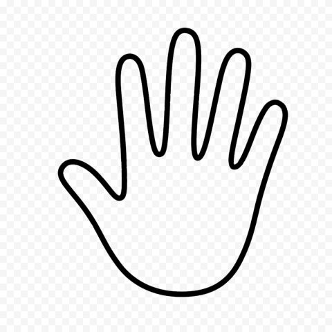 Black outline illustration of an open human hand with five extended fingers on transparent background.