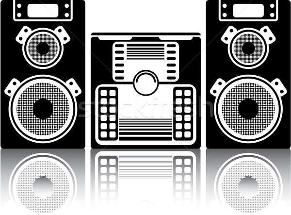 Black-and-white illustration of a stereo system with two speakers and a central receiver unit, reflected below.