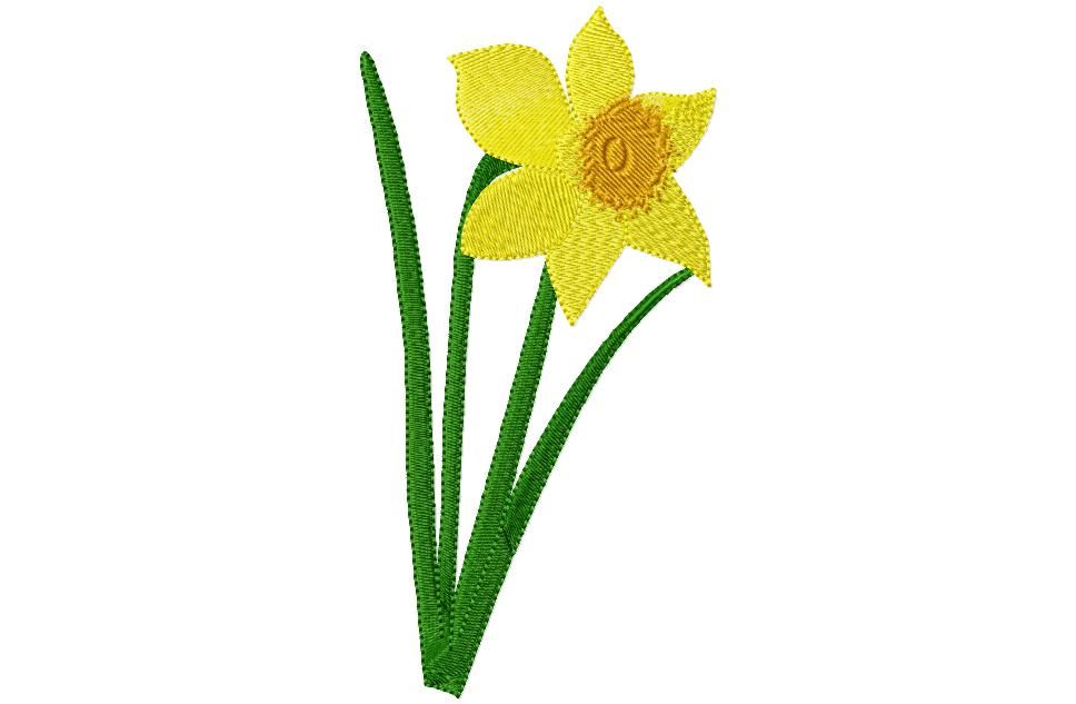 Embroidered yellow daffodil with green stems on white background, showing stitch texture and floral detail.