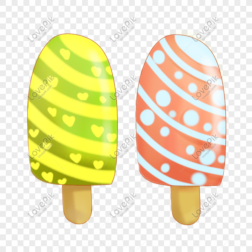 Two colorful illustrated popsicles-one green-yellow with hearts, one orange-blue with dots and stripes-on transparent background.