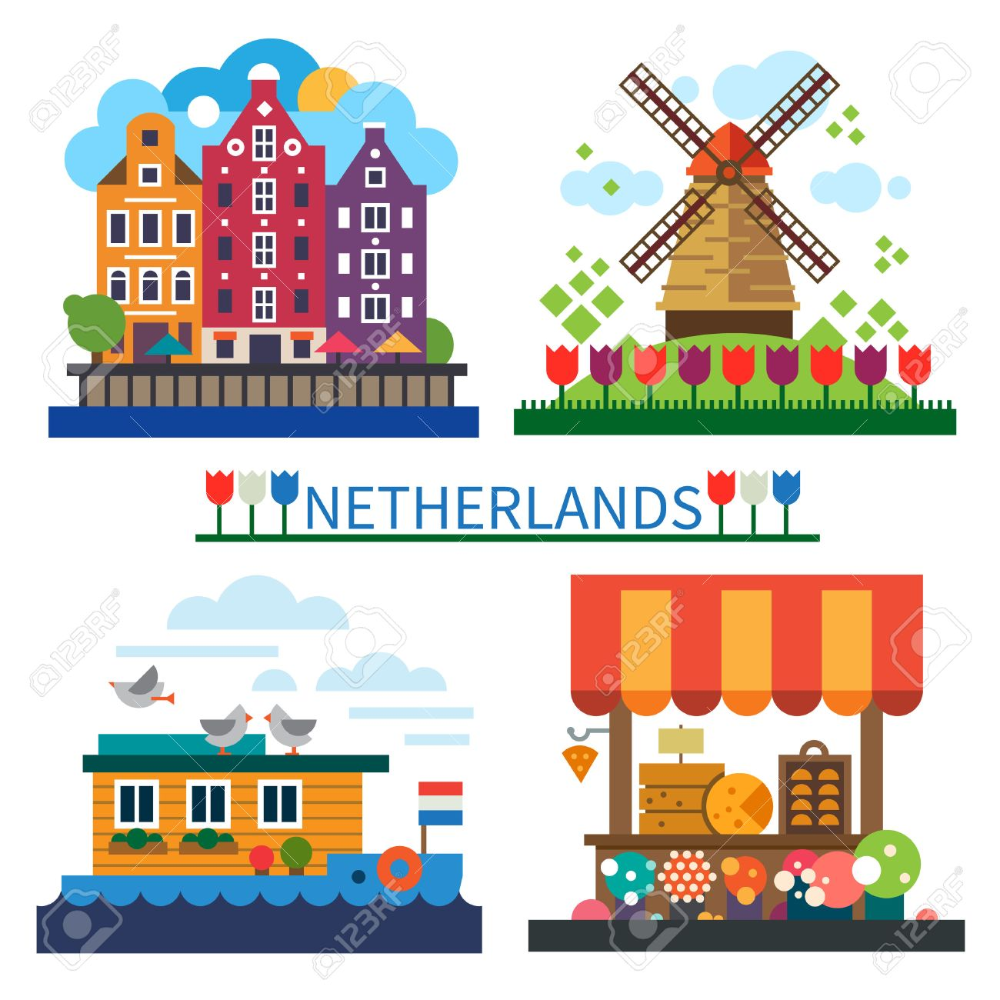 Flat-style illustration of iconic Netherlands scenes: canal houses, windmill with tulips, houseboat, and cheese market stall.