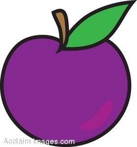 A stylized purple plum with a green leaf and brown stem, cartoon-style illustration.