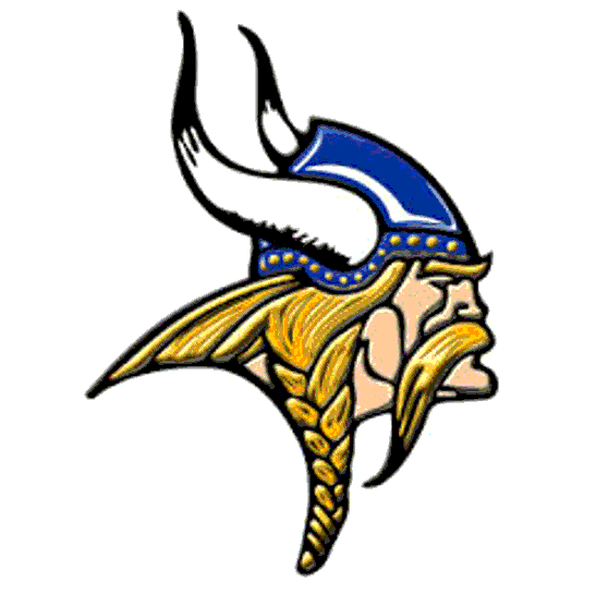 Minnesota Vikings NFL team logo featuring a Viking warrior in profile with blue horned helmet and golden braided hair.