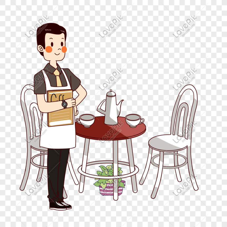 A smiling barista in an apron holds a menu beside a cozy café table with teapot and cups.