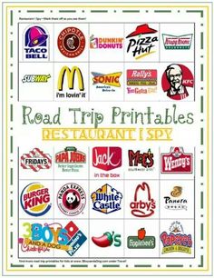 Printable restaurant-themed road trip spy game with logos of 20+ fast food and snack brands for kids' travel entertainment.