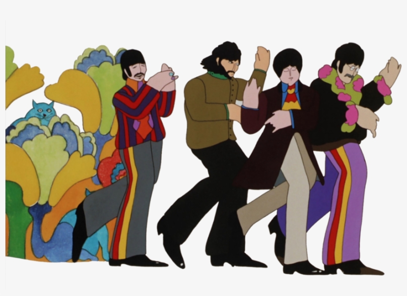 Animated Beatles characters in vibrant psychedelic attire walking past colorful foliage with a blue cat peeking out.