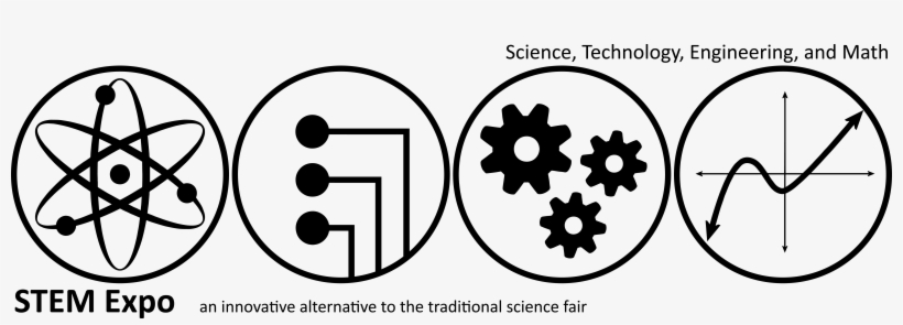STEM Expo logo with icons for science (atom), technology (circuit), engineering (gears), and math (graph), labeled as innovative alternative to science fair.
