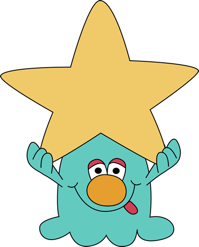 Teal cartoon monster with big eyes, orange nose, and a yellow star hat, smiling playfully.