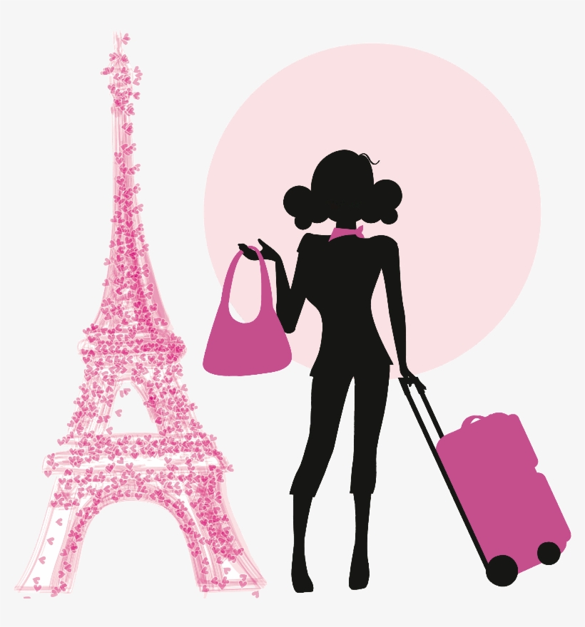 Silhouette of a stylish woman with pink handbag and suitcase beside a heart-patterned Eiffel Tower.