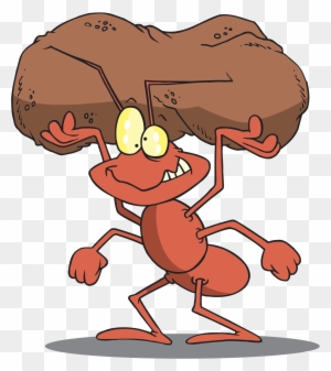 A cheerful red cartoon ant lifting a large brown rock with both hands, showing exaggerated strength and wide eyes.