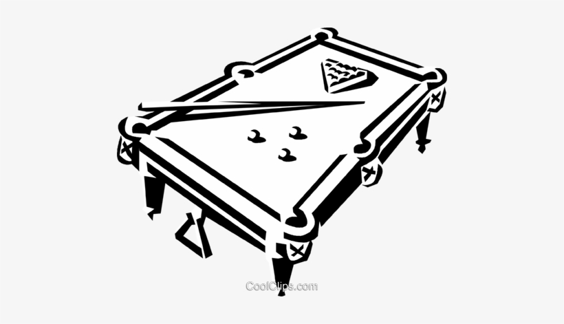 Black-and-white vector illustration of a pool table with cues, balls, and triangle rack.