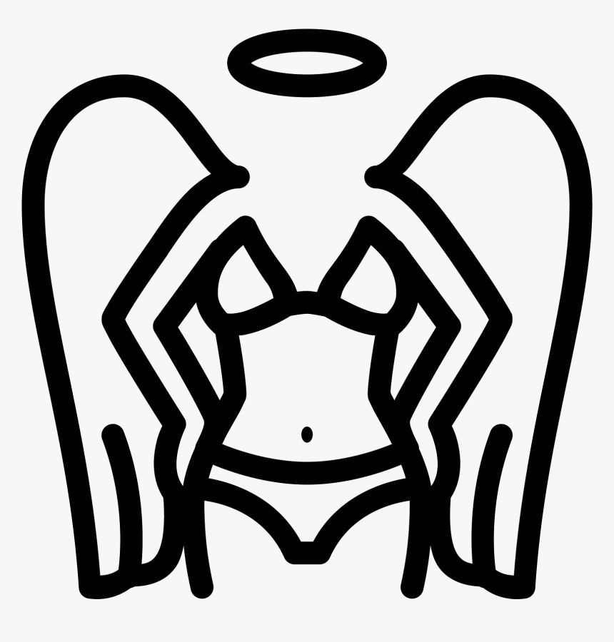 Line-art illustration of a female figure with angel wings and halo, wearing a bikini.