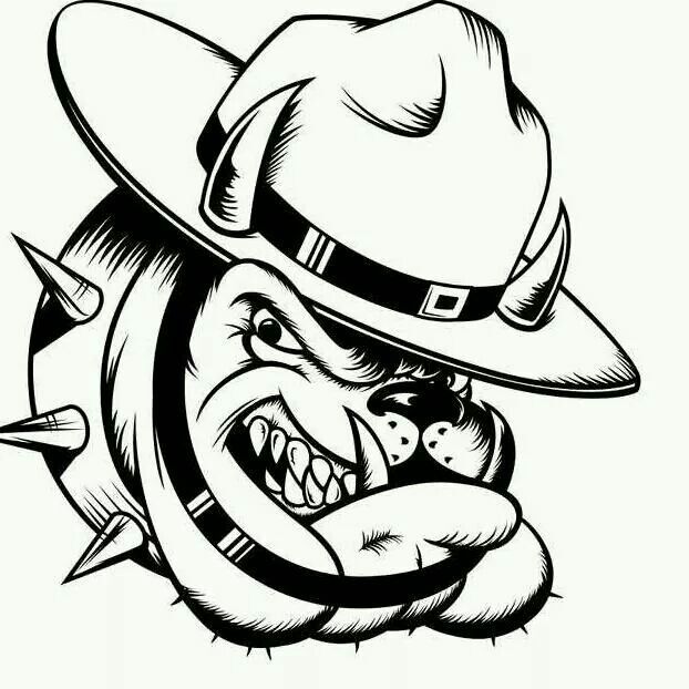 Fierce bulldog mascot wearing a fedora and spiked collar, snarling aggressively in black-and-white line art style.