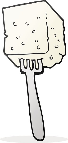 Cartoon illustration of a fork holding a square piece of tofu with dotted texture.