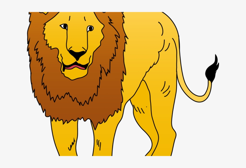 Stylized cartoon lion with golden fur, brown mane, and black-tipped tail standing in profile view.