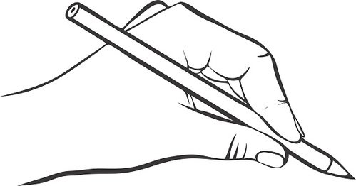 Line drawing of a hand holding a pencil, actively writing or sketching on a surface.