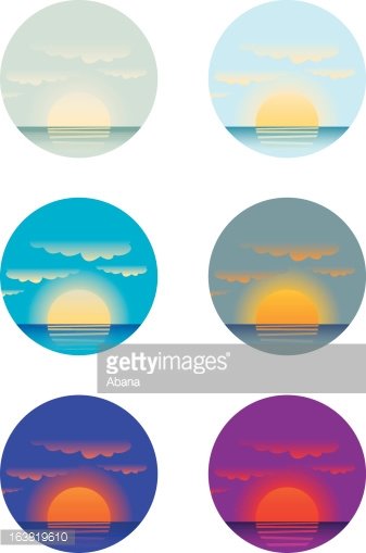Six circular vector illustrations of sunrises and sunsets over water, each in a distinct color palette including pastel, teal, gray, blue, purple, and magenta.