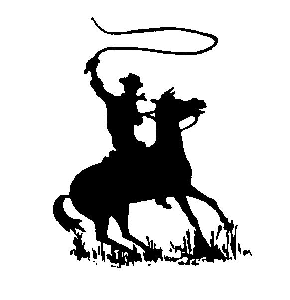 Silhouette of a cowboy on a rearing horse swinging a lasso, set against a white background with grass detail.