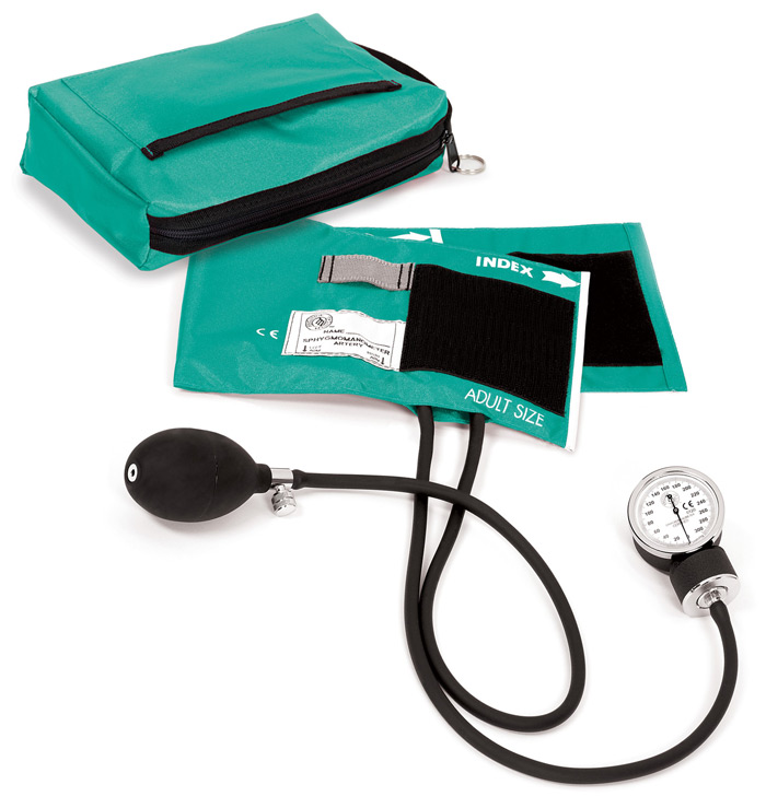 Adult-sized manual sphygmomanometer with green carrying case, bulb, gauge, and cuff.