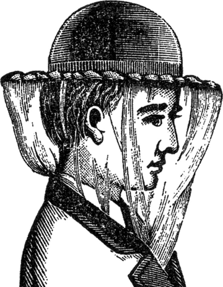 Historical woodcut illustration of a person wearing a distinctive wide-brimmed bonnet with braided trim and a rounded cap.