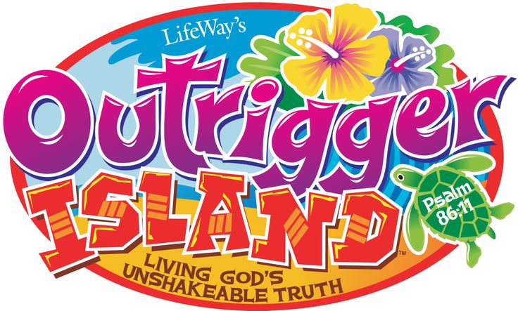 LifeWay's Outrigger Island VBS logo with hibiscus flowers, turtle, and Psalm 86:11 reference.