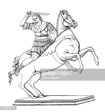 Ancient Roman cavalry soldier on rearing horse, wielding sword in dynamic pose, classical line drawing style.