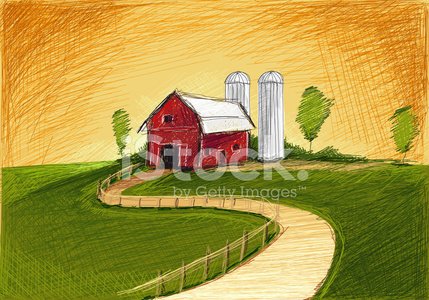 Red barn with white roof, two silos, winding dirt path, green hills, and golden sky in a stylized rural landscape drawing.