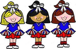 Three diverse cartoon cheerleaders in blue, red, and white uniforms with bows and pom-poms.