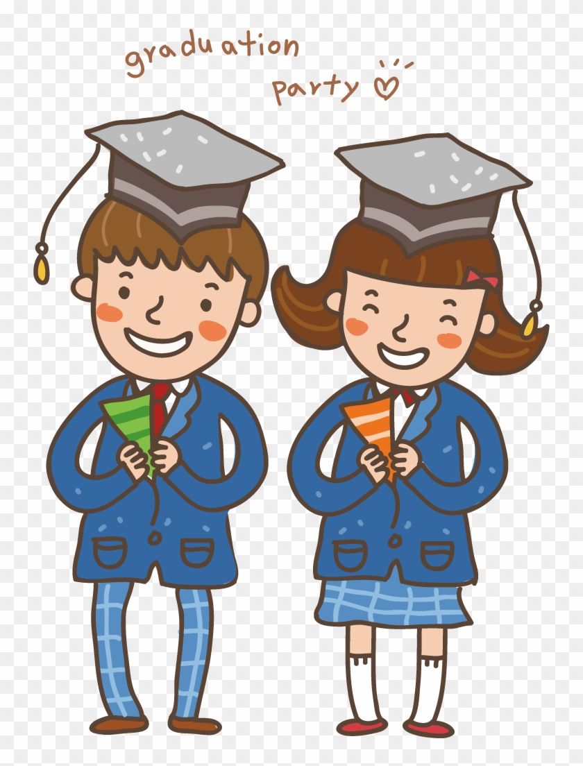 Two smiling cartoon graduates in caps and gowns holding diplomas at a graduation party.