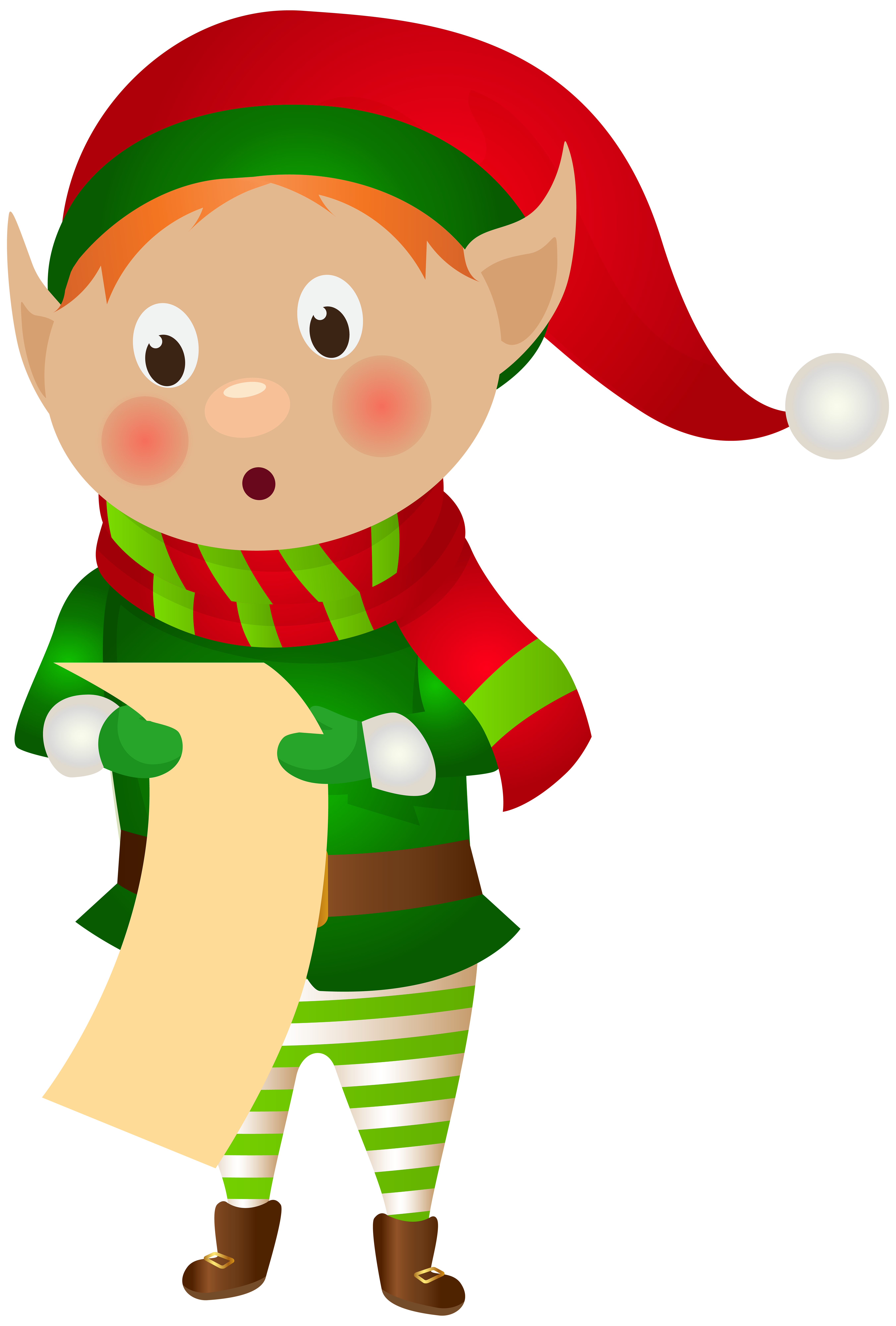 Surprised Christmas elf in red and green outfit holding a scroll list.