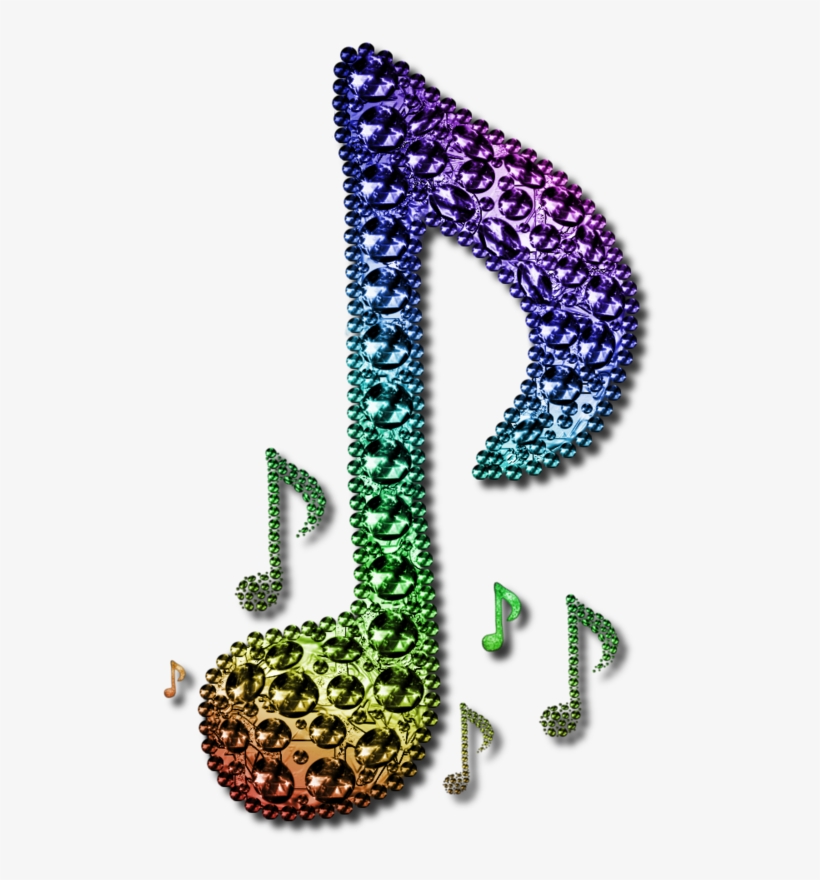 Rainbow-colored musical note made of sparkling gemstones with smaller notes floating around.