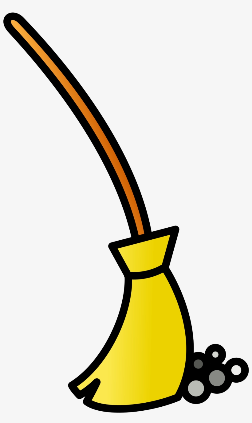 Cartoon-style yellow broom with orange handle sweeping gray dust clouds.