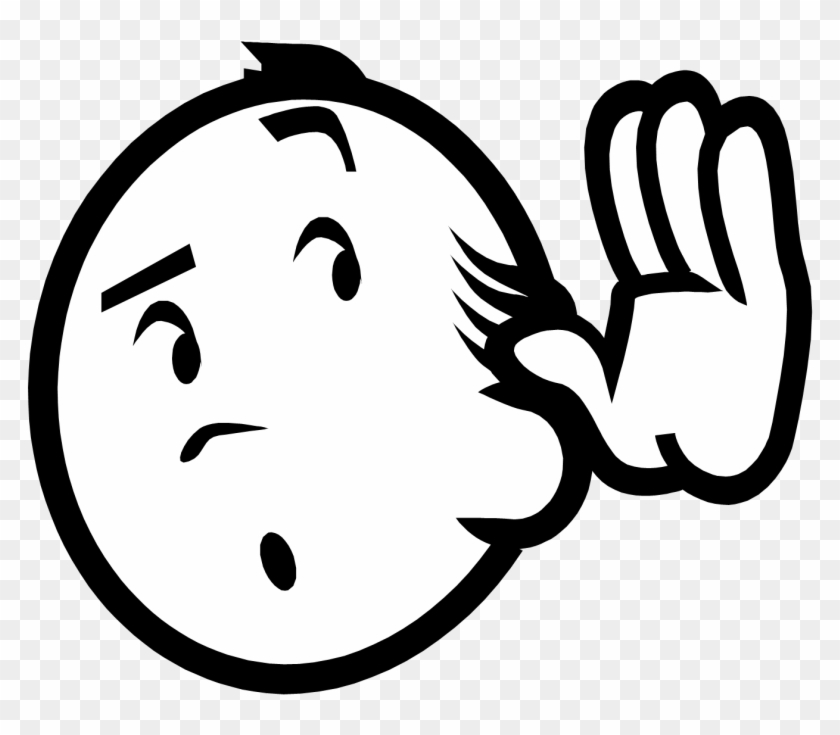 Cartoon face with hand cupped to ear, listening intently with raised eyebrow and surprised expression.