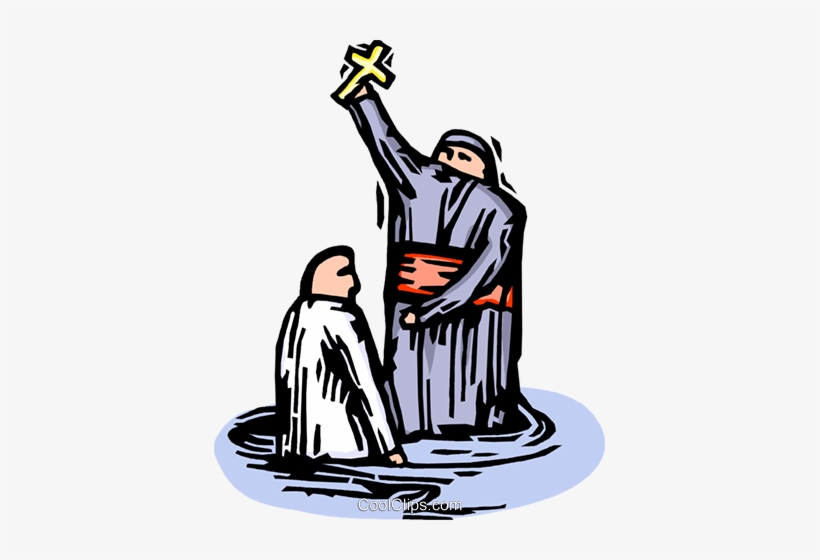 A priest baptizes a person in water while holding up a golden cross.