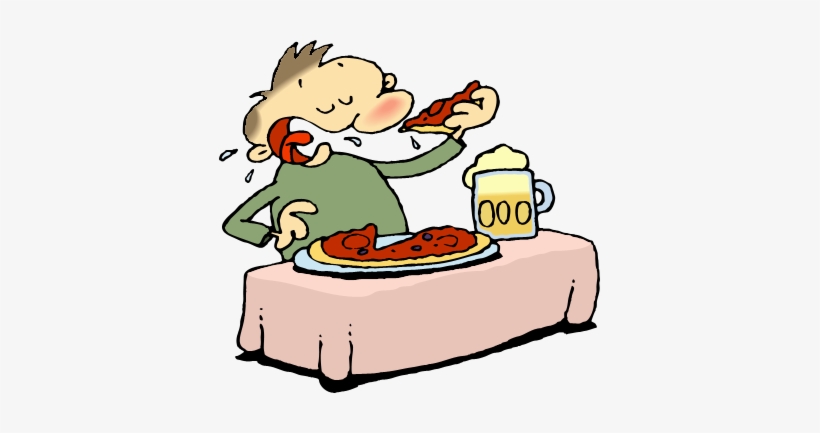 A cartoon man enthusiastically eating pizza while drinking beer at a small table.