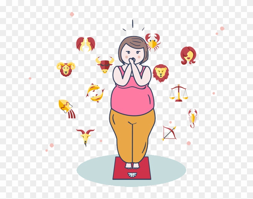 A worried woman stands on a scale surrounded by zodiac signs, symbolizing astrology-based weight concerns.