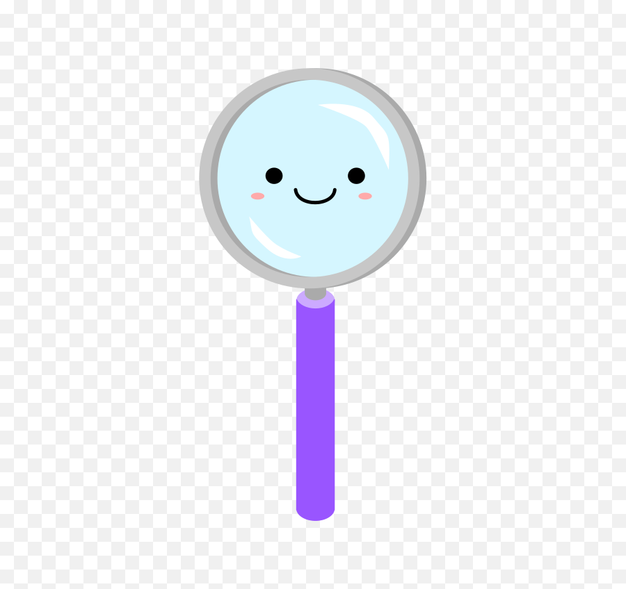 Cute cartoon magnifying glass with smiling face and purple handle on transparent background.