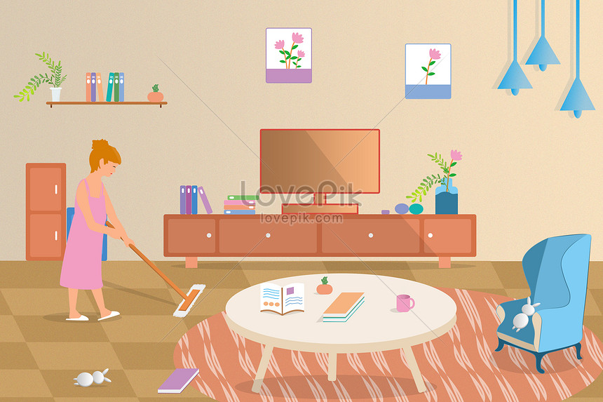 A woman in a pink dress mops a cozy living room with modern furniture, plants, books, and hanging lights.