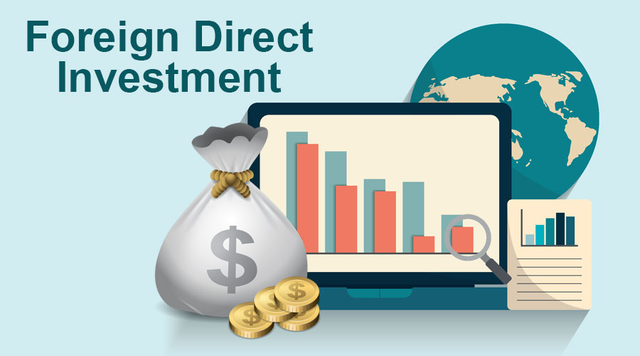 Illustration of foreign direct investment with money bag, laptop charts, globe, and documents.