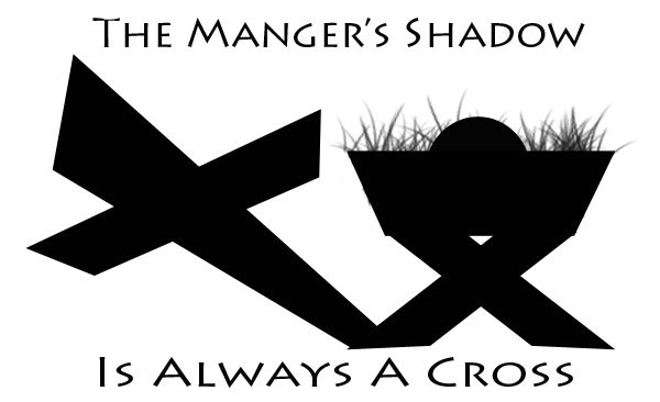Black abstract logo featuring a cross and a bowl with grass, titled "The Manger’s Shadow Is Always A Cross"